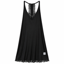 Load image into Gallery viewer, A sleeveless, knee length, black, bamboo nightgown with a v- neckline and lace trim at the back and hem.