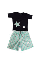 Load image into Gallery viewer, A set of boys' pyjamas consisting of a navy t-shirt with a star detail and a pair of blue and white striped shorts with a drawstring waist.