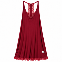 Load image into Gallery viewer, A sleeveless, knee length, maroon, bamboo nightgown with a v- neckline and lace trim at the back and hem.