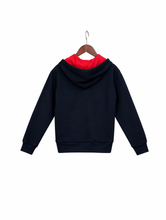 Load image into Gallery viewer, Kids Navy hoodie - back view. Red lined hoodie. 
