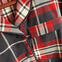 Load image into Gallery viewer, Plaid button top with red, navy and white plaid design
