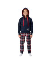 Load image into Gallery viewer, Child wearing a navy hoodie cotton fleece hoodie in navy with red trim
