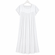 Load image into Gallery viewer, A white cotton, short-sleeve, nostalgic nightgown with a scoop neckline and subtle embroidered pattern.
