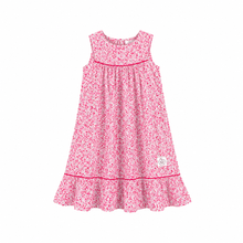 Load image into Gallery viewer, A sleeveless pink and white floral print nightie with a ruffled hem and thin pink trim.
