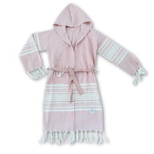 Load image into Gallery viewer, Kids pink hooded robe with white stripes in cotton
