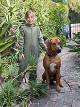 Load image into Gallery viewer, Kids onesie in olive cotton fleece

